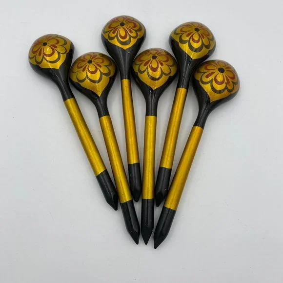 Vintage Hand Painted Wooden Spoons 6 Pieces Black Gold Red 6" Long Flower Design - Picture 2 of 4